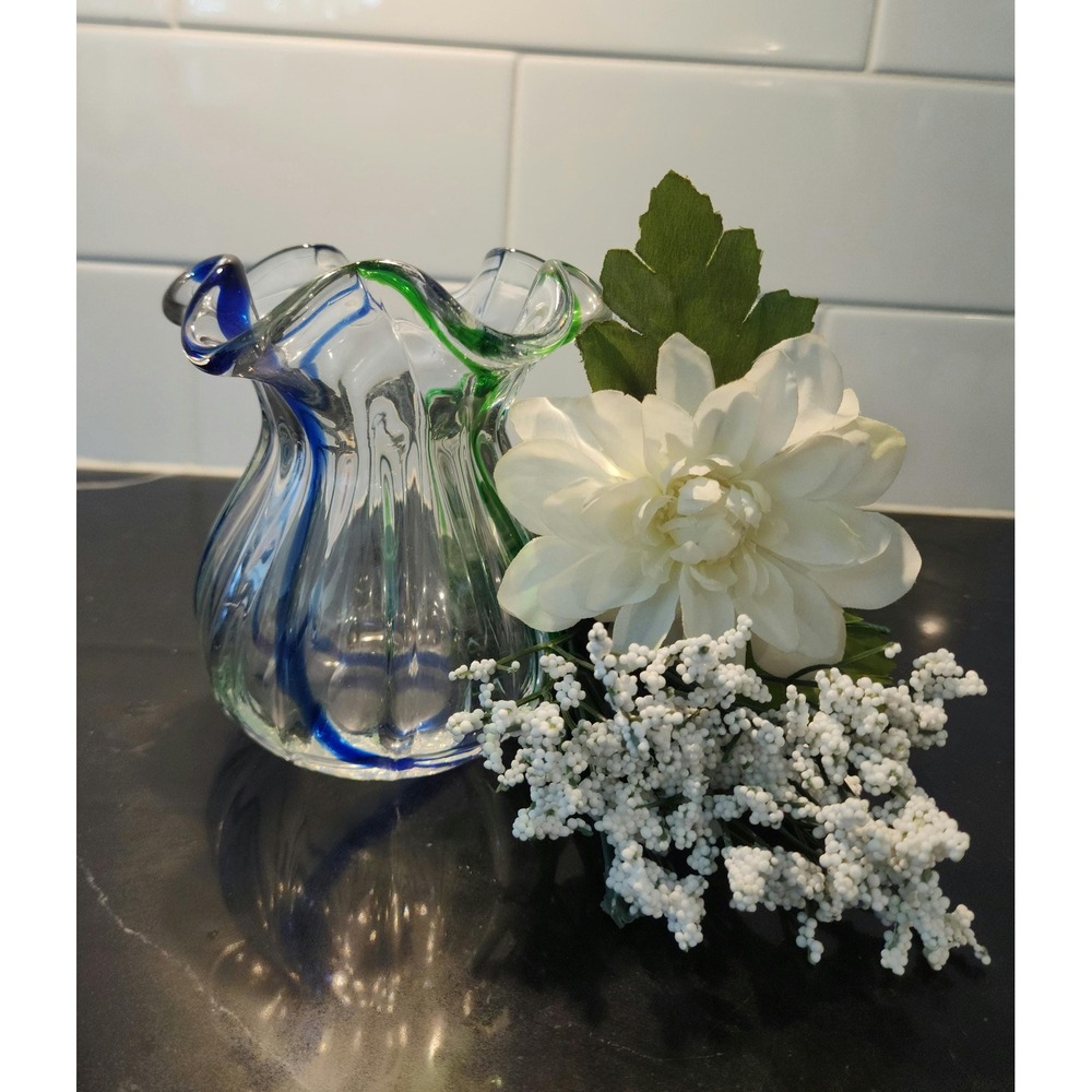 Vintage Hand Blown Art Glass Vase Blue Green Swirl Ruffled Rim Bud Vase 5.5"